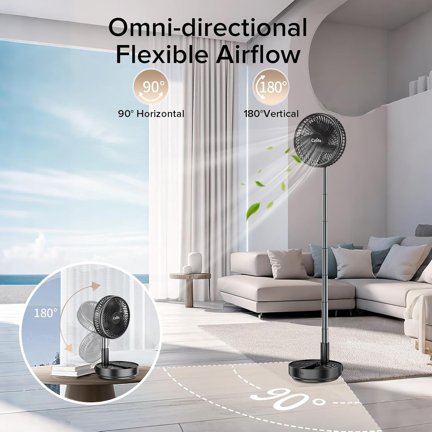 Portable Fan 10000mAh Rechargeable – Folding Desk Fan w/ Remote Black Cordless