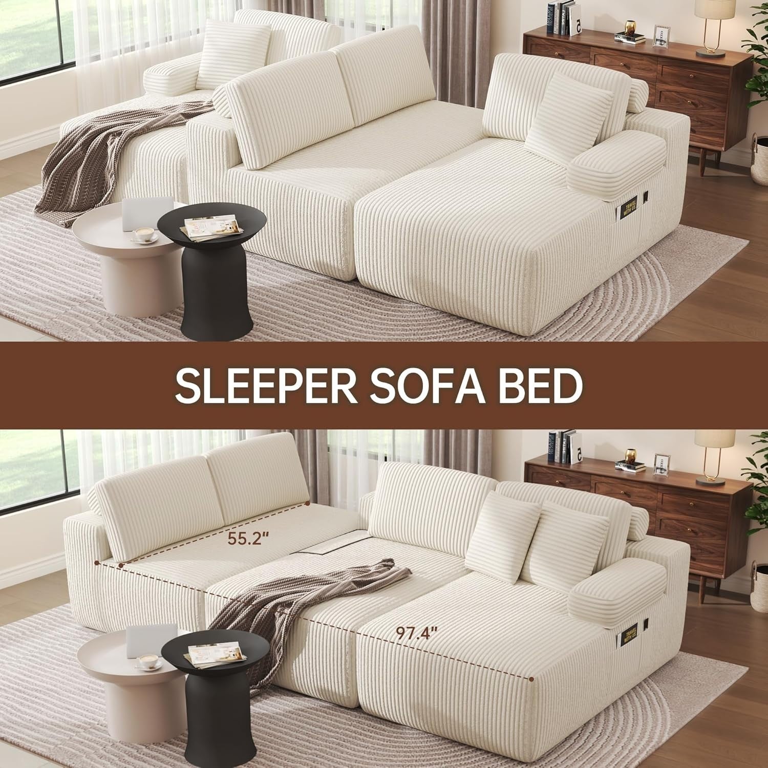 Modular U-Shaped Corduroy Sofa Bed with Memory Foam & Storage Pocket
