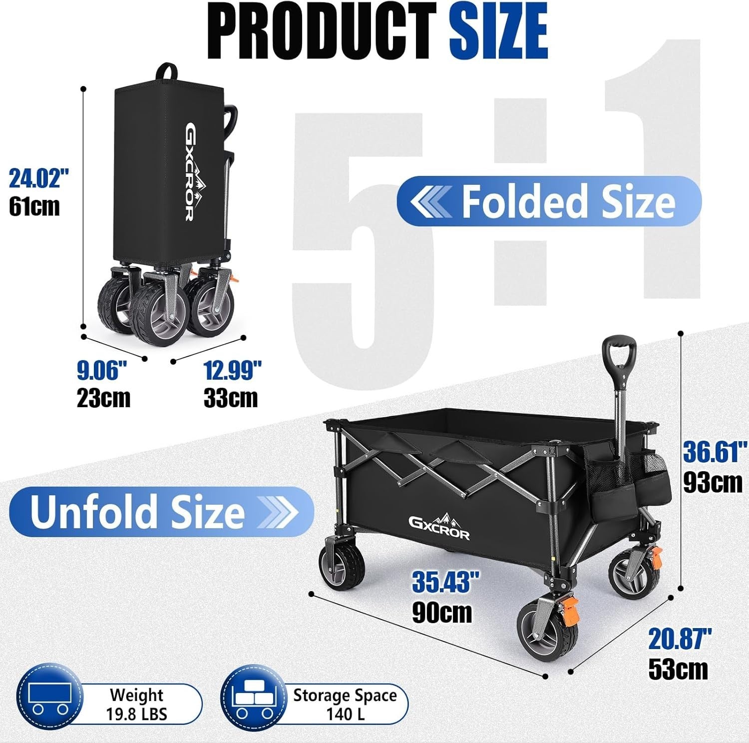 Black 140L Heavy Duty Folding Wagon 130kg Trolley 14.5cm Wide Wheel Cart