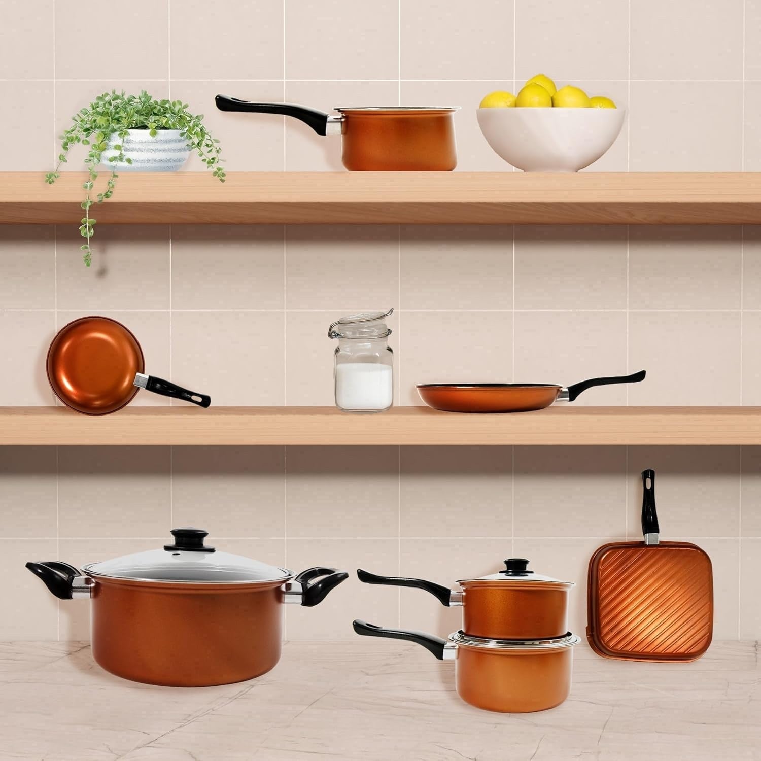 10Pcs Copper Non Stick Cookware Pots and Pans Set with Glass Lids & Grill Pan