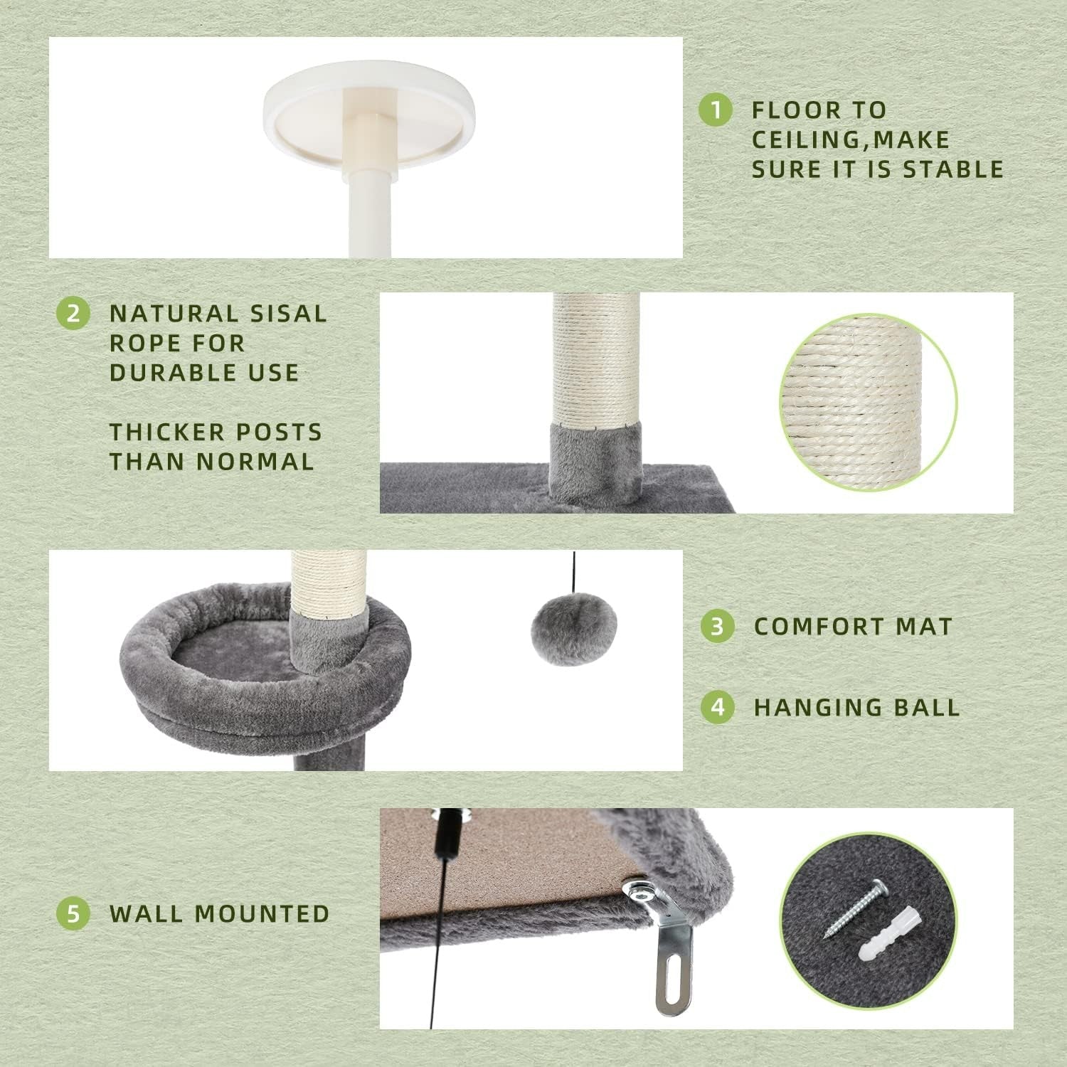 Floor to Ceiling Cat Tree Tower Adjustable 243–273cm 5 Tier Scratching