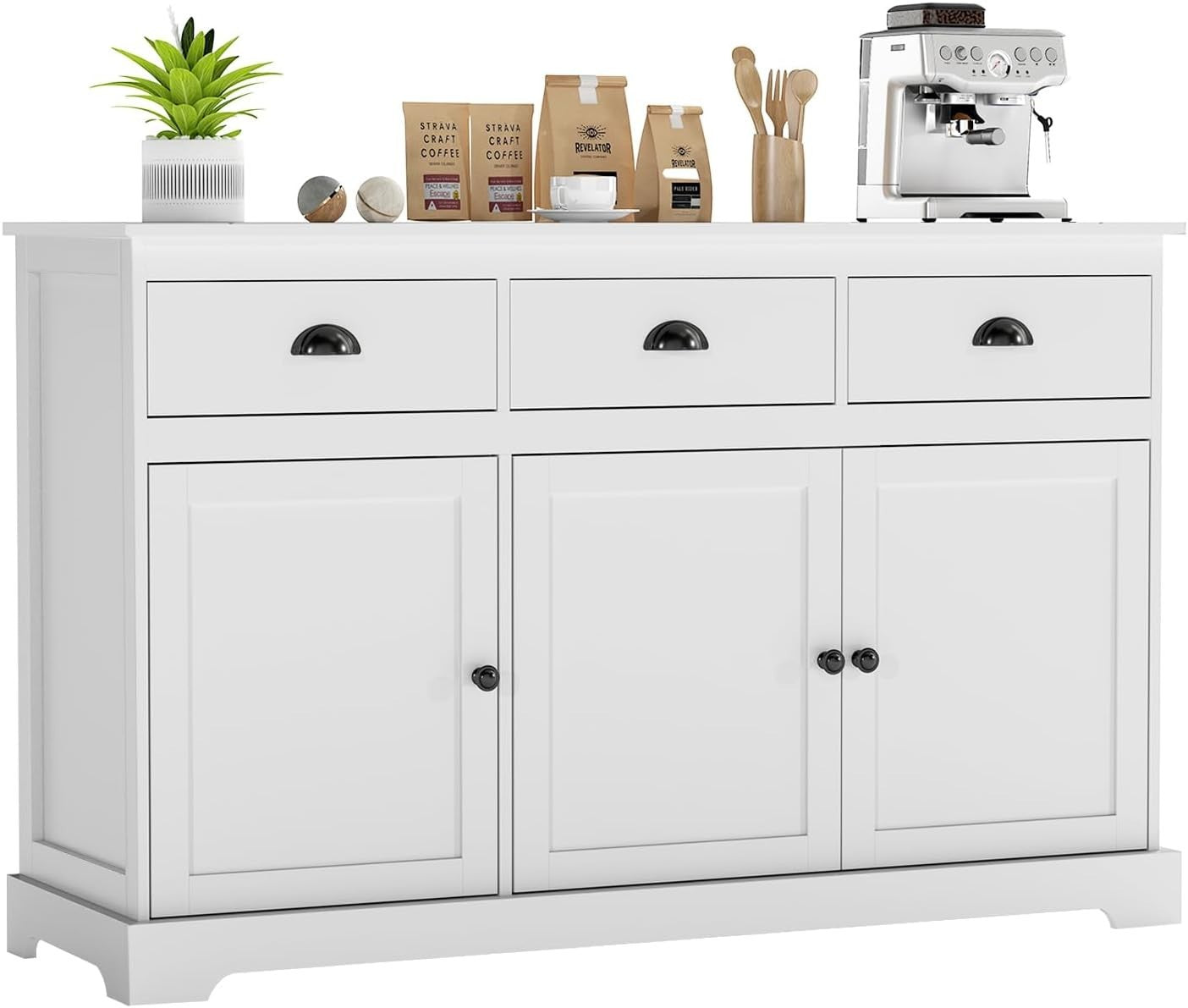 White Sideboard Storage Cabinet with Drawers & Adjustable Shelves Unit