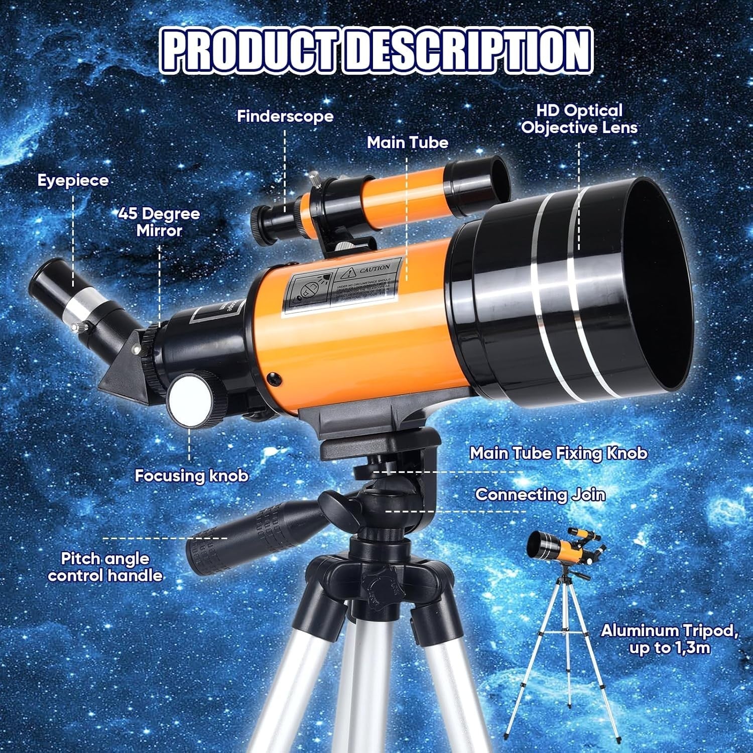 70mm Refractor Telescope 300mm Focal Length with Tripod – Yellow