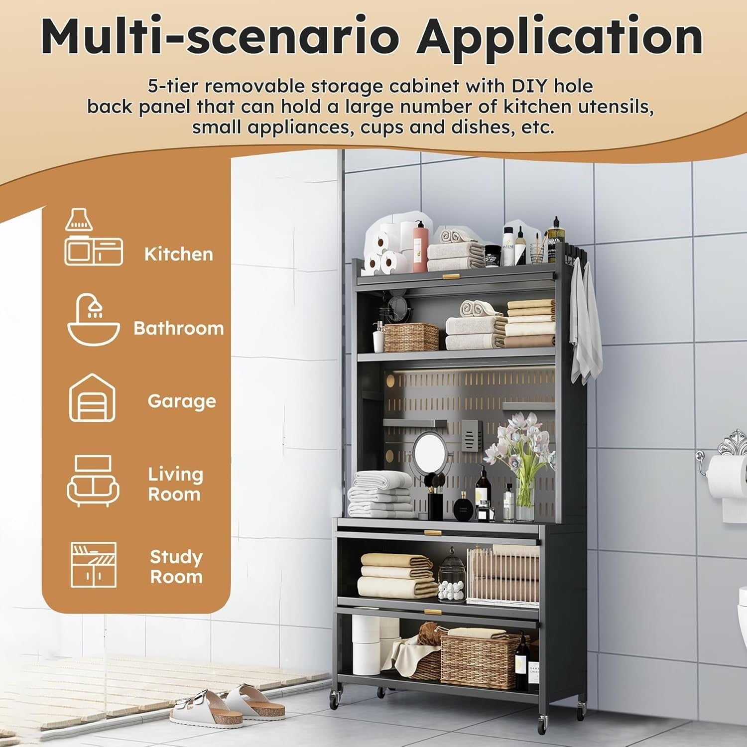 80x36x162cm 5-Tier Black Kitchen Storage Cabinet with Flip Door & Wheels