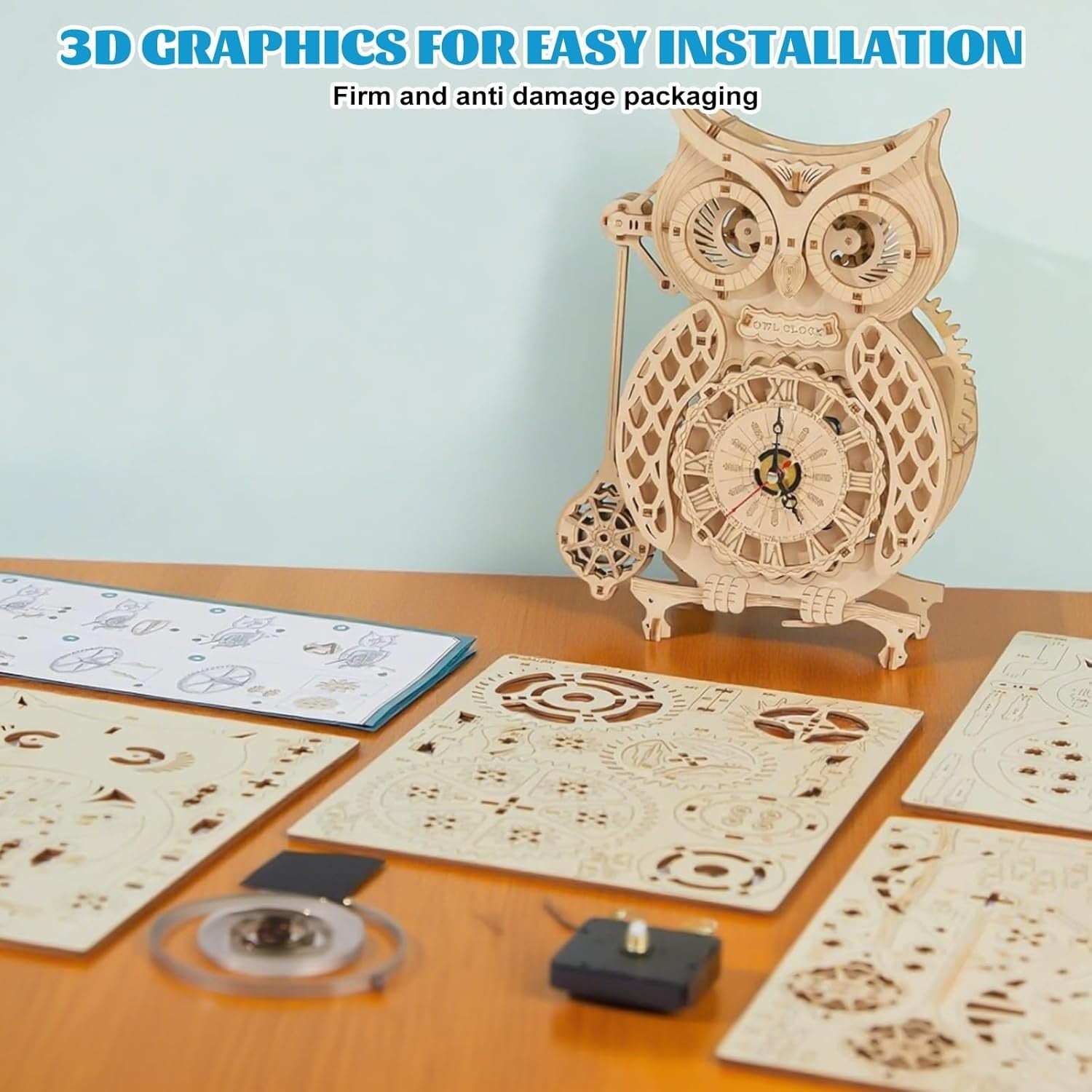 Owl Wooden Clock Puzzle Kit with Pendulum - DIY Mechanical Model Gift