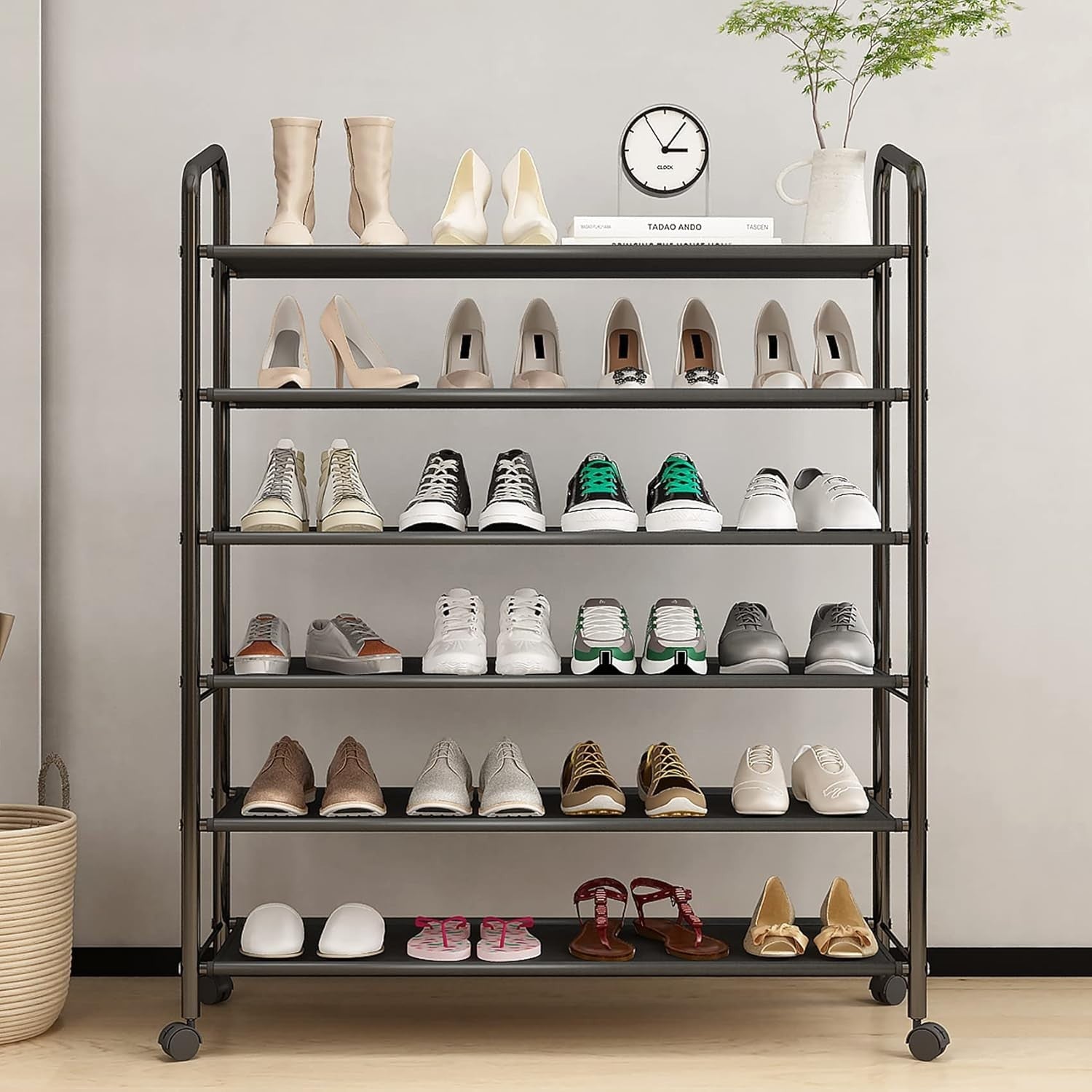 6-Tier Rolling Shoe Rack with Locking Wheels & Durable Fabric, Holds 20-35 Pairs