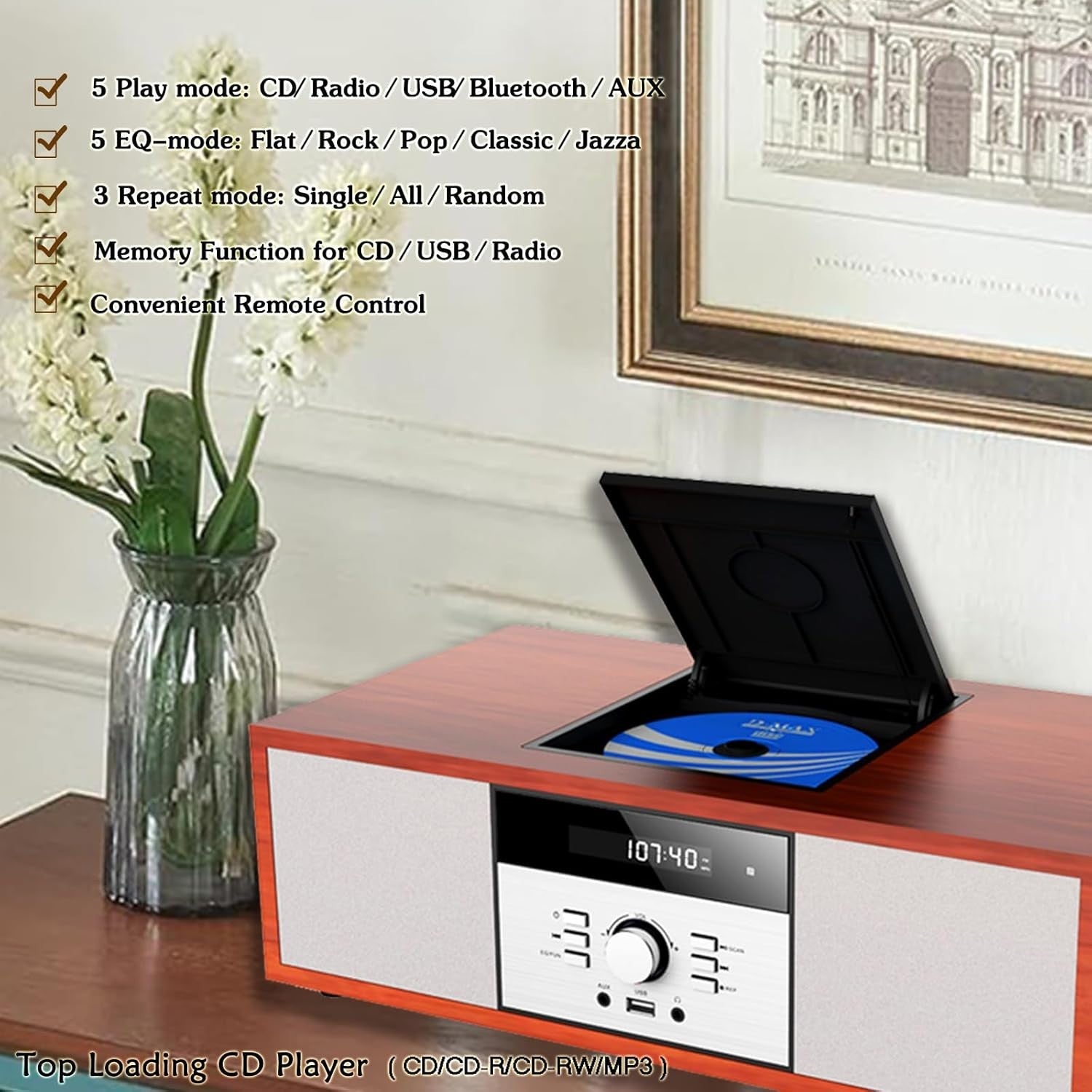 Compact Bluetooth CD Stereo System 30W Wooden HiFi USB AUX FM Radio Remote