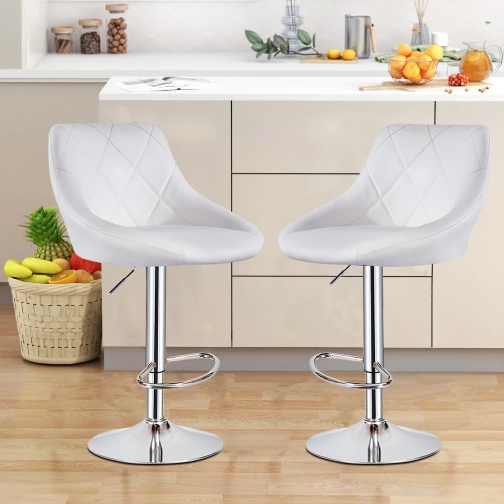 White Faux Leather Bar Stool Adjustable Swivel Mid Back Pub Chair