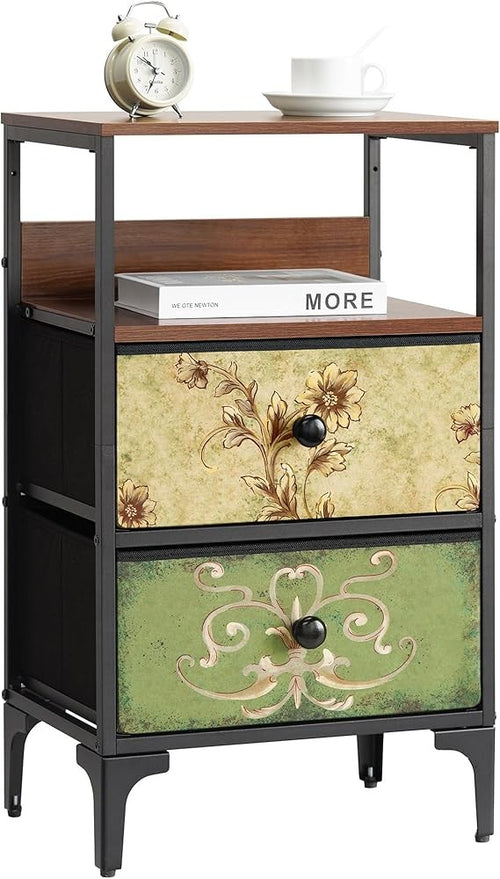 Slim Bedside Table with 2 Drawers & Shelf, Fabric Storage Cabinet for Bedroom