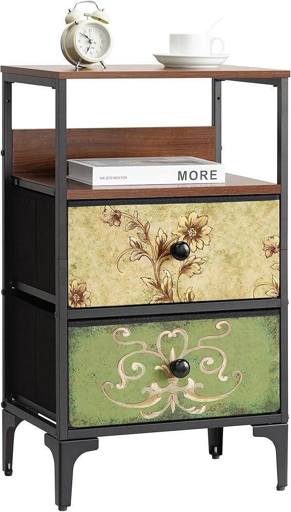 Slim Bedside Table with 2 Drawers & Shelf, Fabric Storage Cabinet for Bedroom