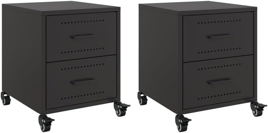Set of 2 Black Metal Bedside Tables with Wheels | Modern Mobile Nightstands