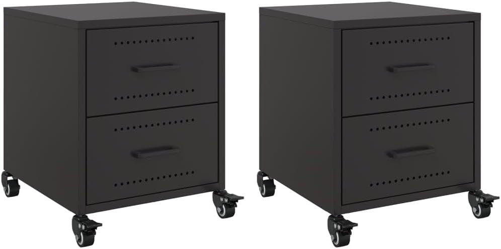 Set of 2 Black Metal Bedside Tables with Wheels | Modern Mobile Nightstands