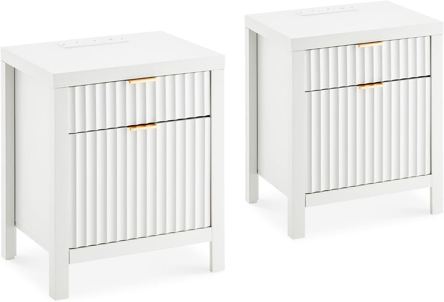 Set of 2 Modern White Bedside Tables with USB Charging Ports, 2 Drawers 60x50cm