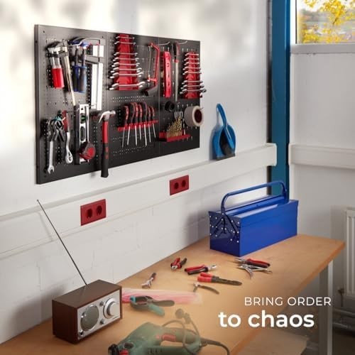 Wall-Mount Pegboard Kit 3PCS Alloy Steel Black + Red w/ Hooks & Holders