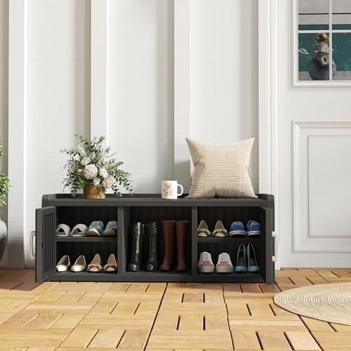 Waterproof Shoe Storage Cabinet Bench 2 Door Resin Unit with Shelves Black