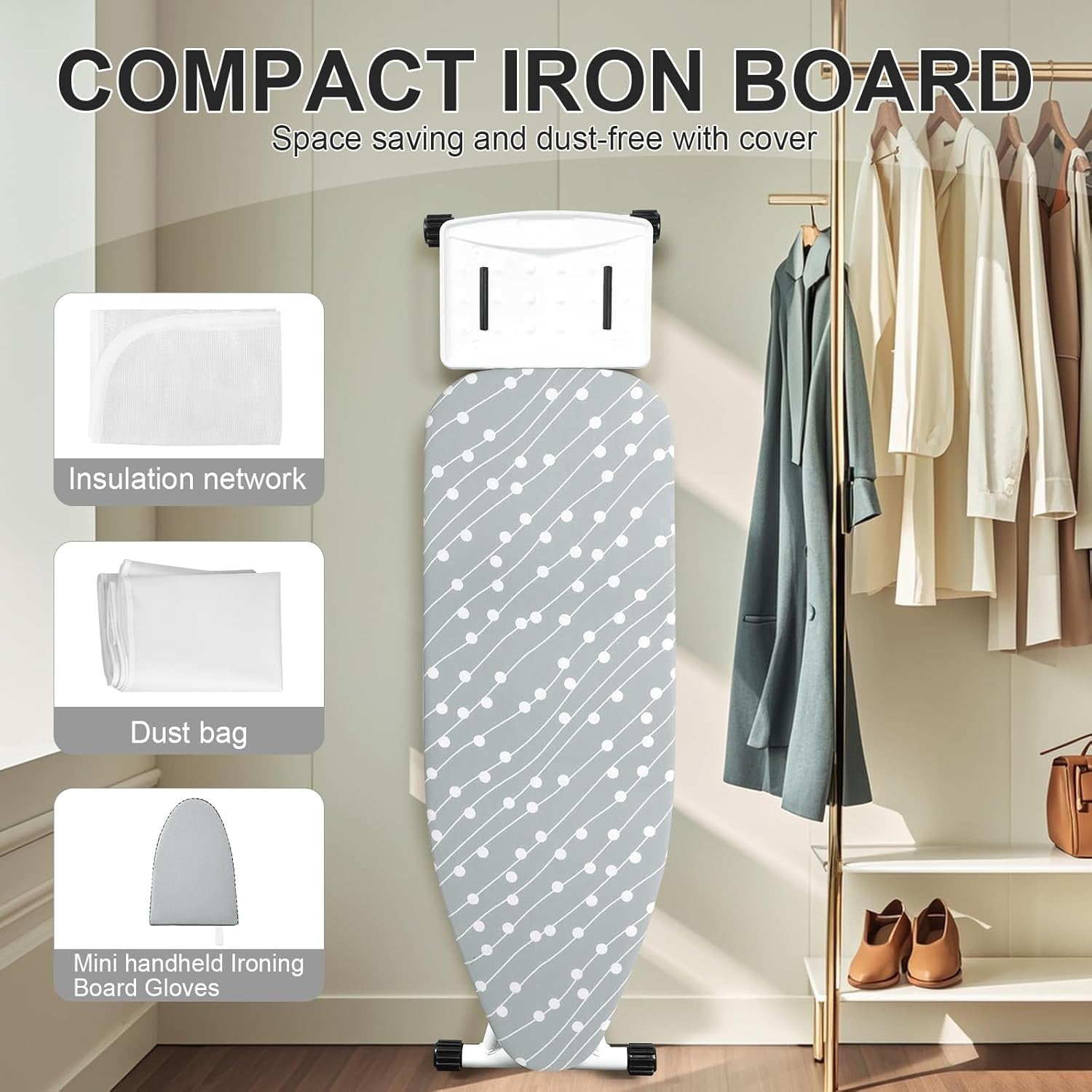Adjustable Folding Ironing Board Blue Dots Compact Steel Frame with Iron Rest