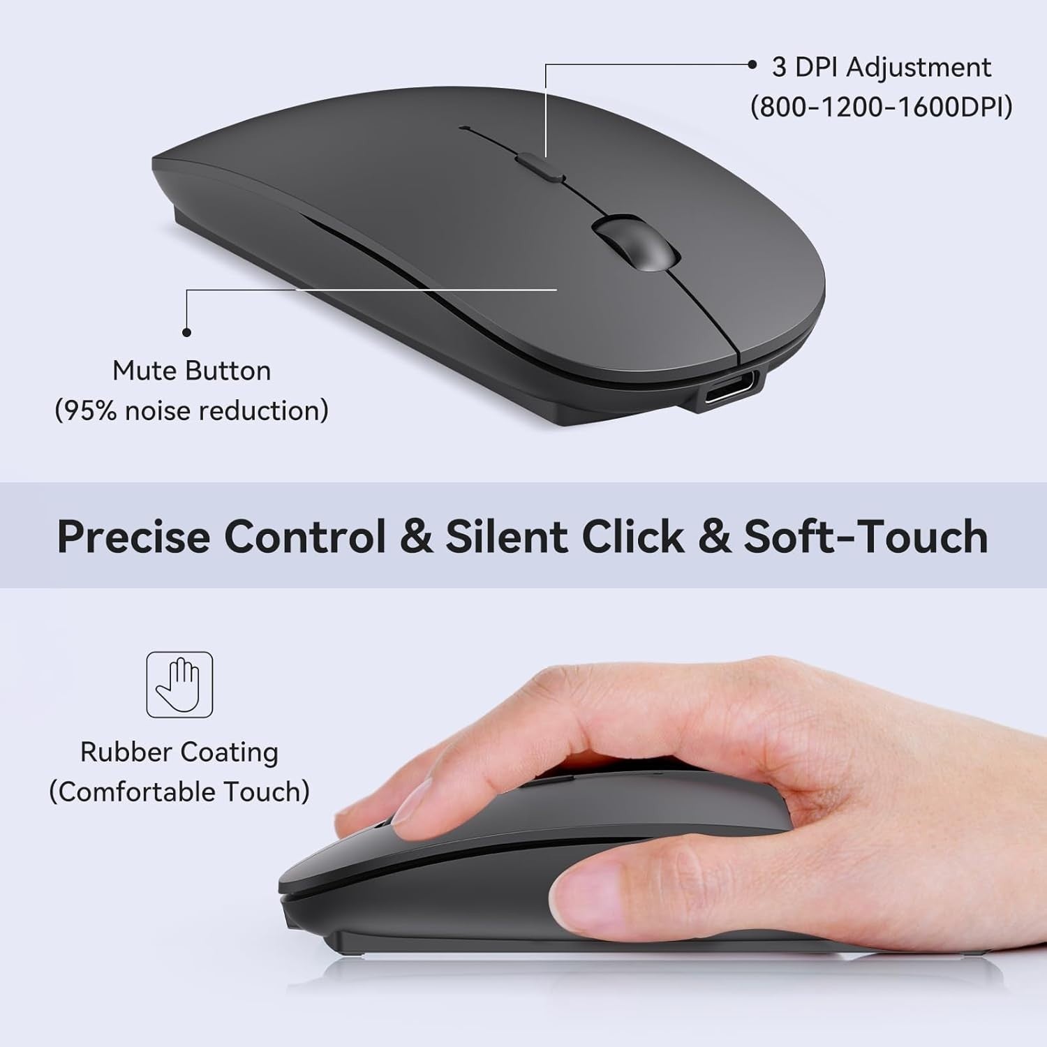 Rechargeable Wireless Mouse USB C USB A Silent Click Slim Laptop PC Mac