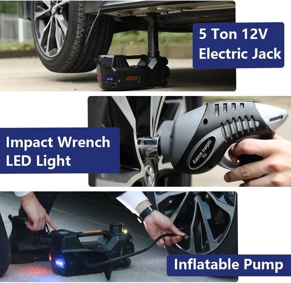 5 Ton Electric Hydraulic Car Jack 5-in-1 Kit with Air Pump & Impact Wrench