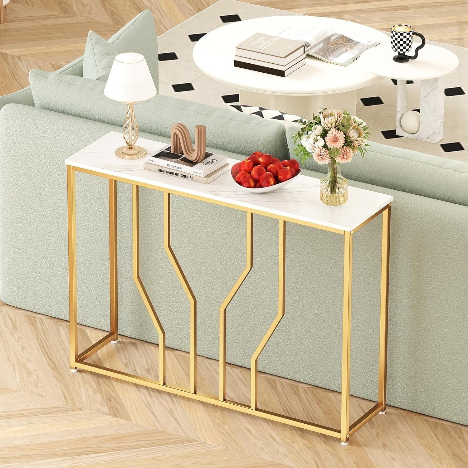 Slim Console Table with Faux Marble Top & Gold Metal Frame, 110cm