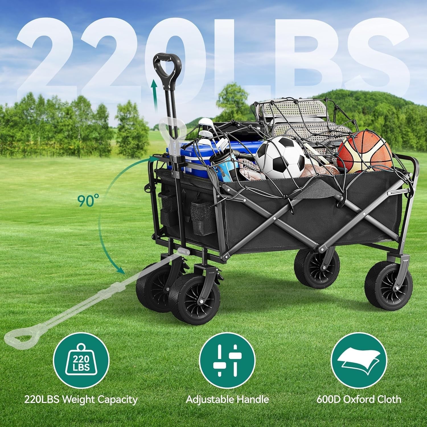 Black Folding Beach Wagon Cart w/ Table Oversized Wheels Adjustable Handle 220lb