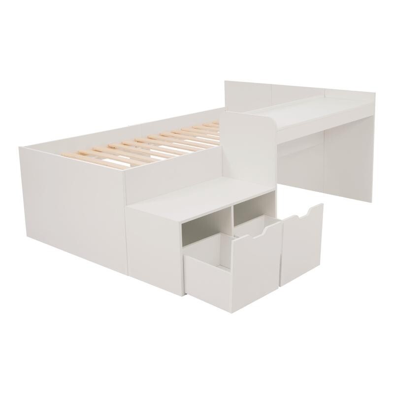 Kids Bed with Desk Storage Drawers 3FT Single White Bed Frame 90x190cm