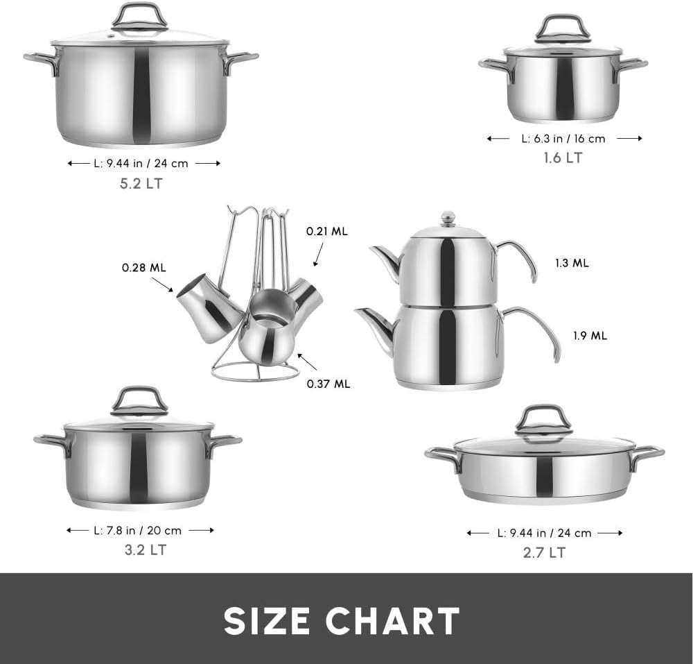 15pcs Stainless Steel Cookware Pot & Turkish Tea Coffee Set Induction Safe