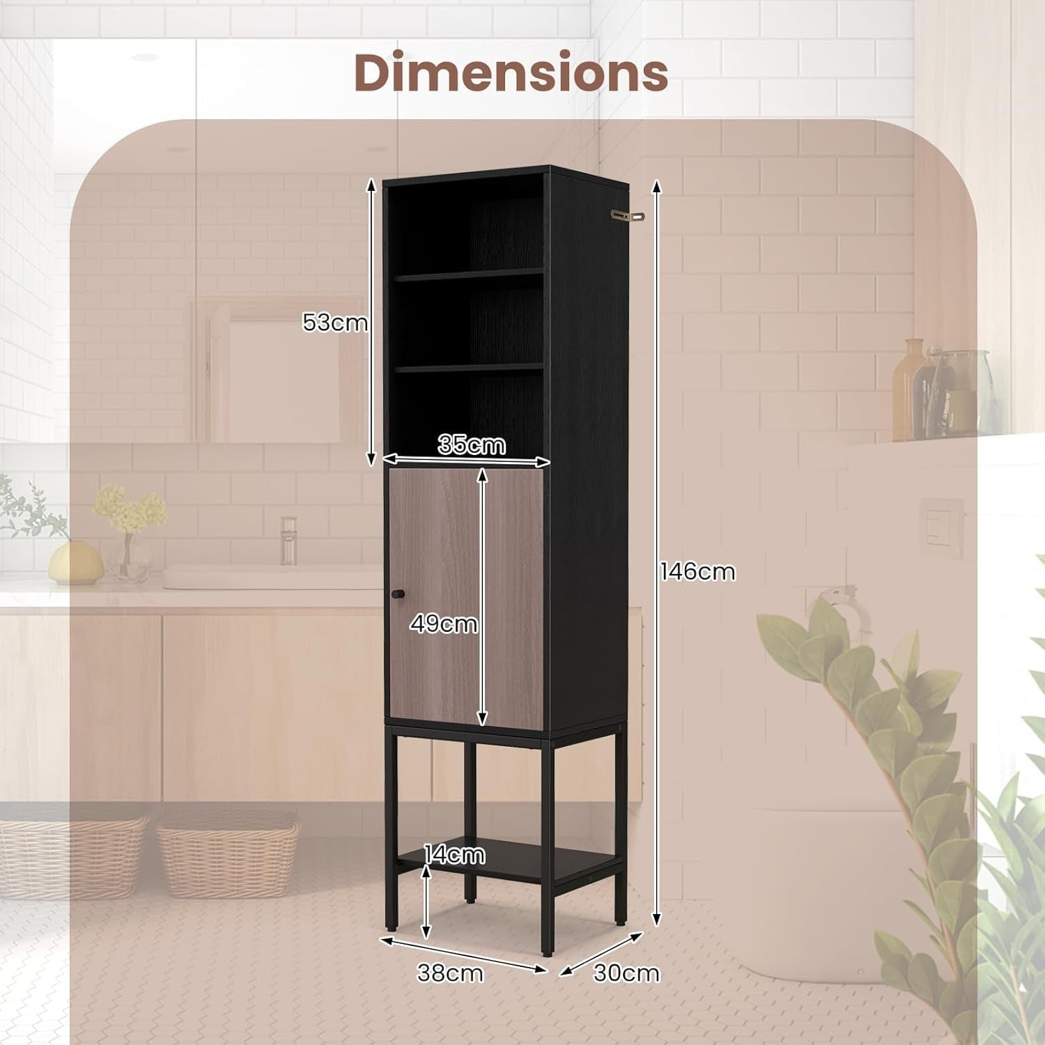 146cm Tall Wooden Storage Cabinet Black Adjustable Shelves Slim Cupboard