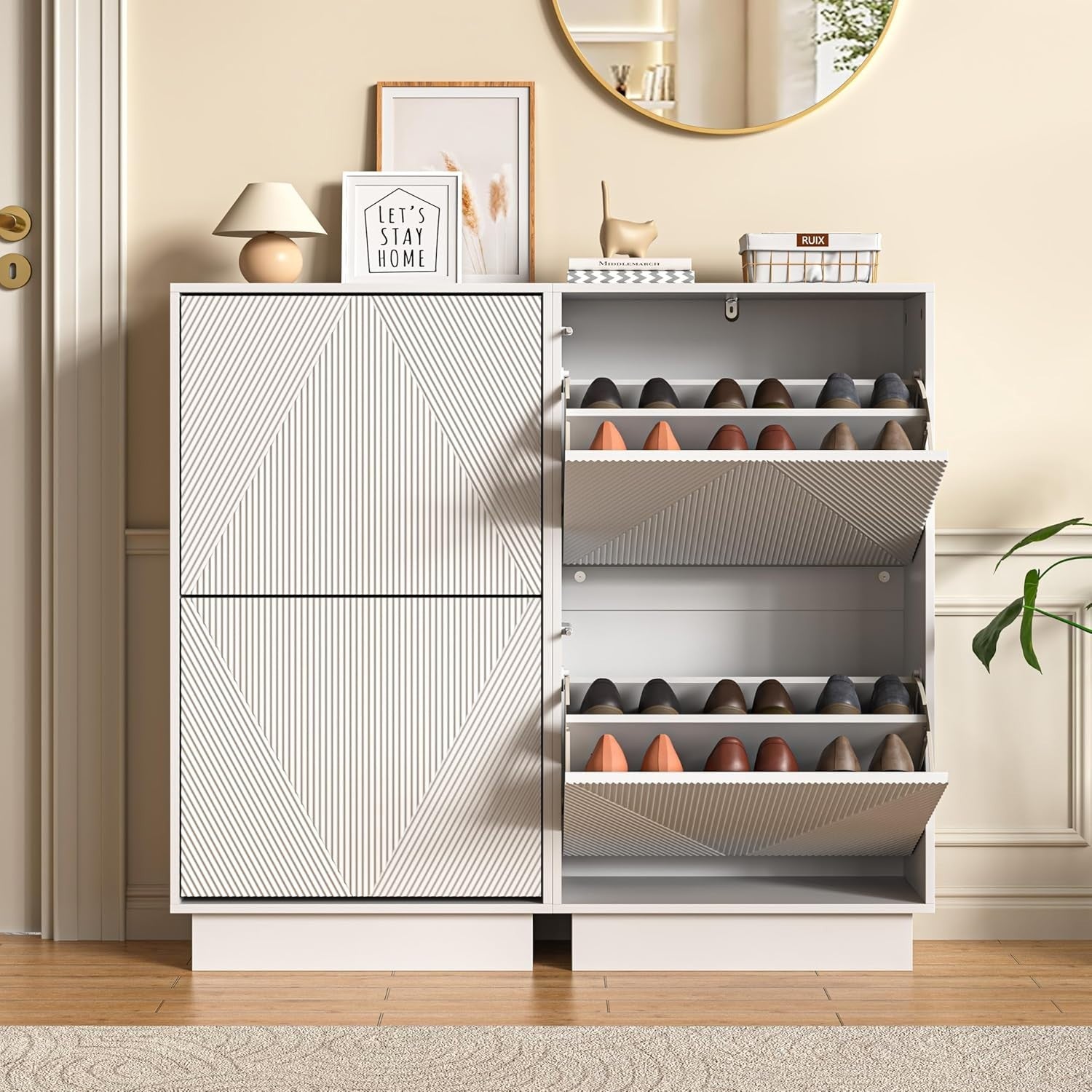 White Slim Shoe Cabinet Storage | 2 Flip Drawers, Anti-Tip, 91cm Narrow