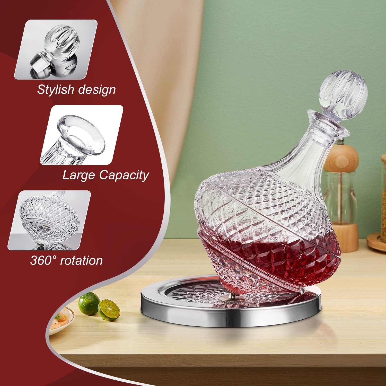 Crystal Spinning Wine Decanter 1.5L with Lid Luxury Gift Box Aerator Base