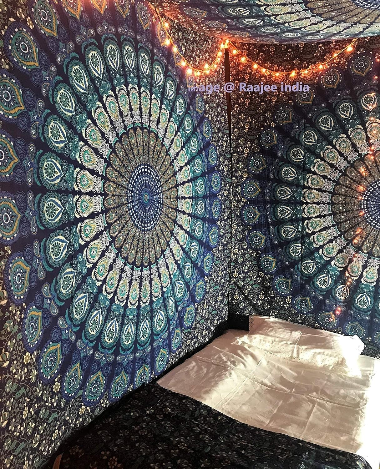 Blue Floral Mandala Tapestry 84x92in Queen Boho Wall Hanging Cotton