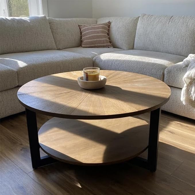 Round 2-Tier Coffee Table with Storage, Solid Wood & Metal 85x45.3cm