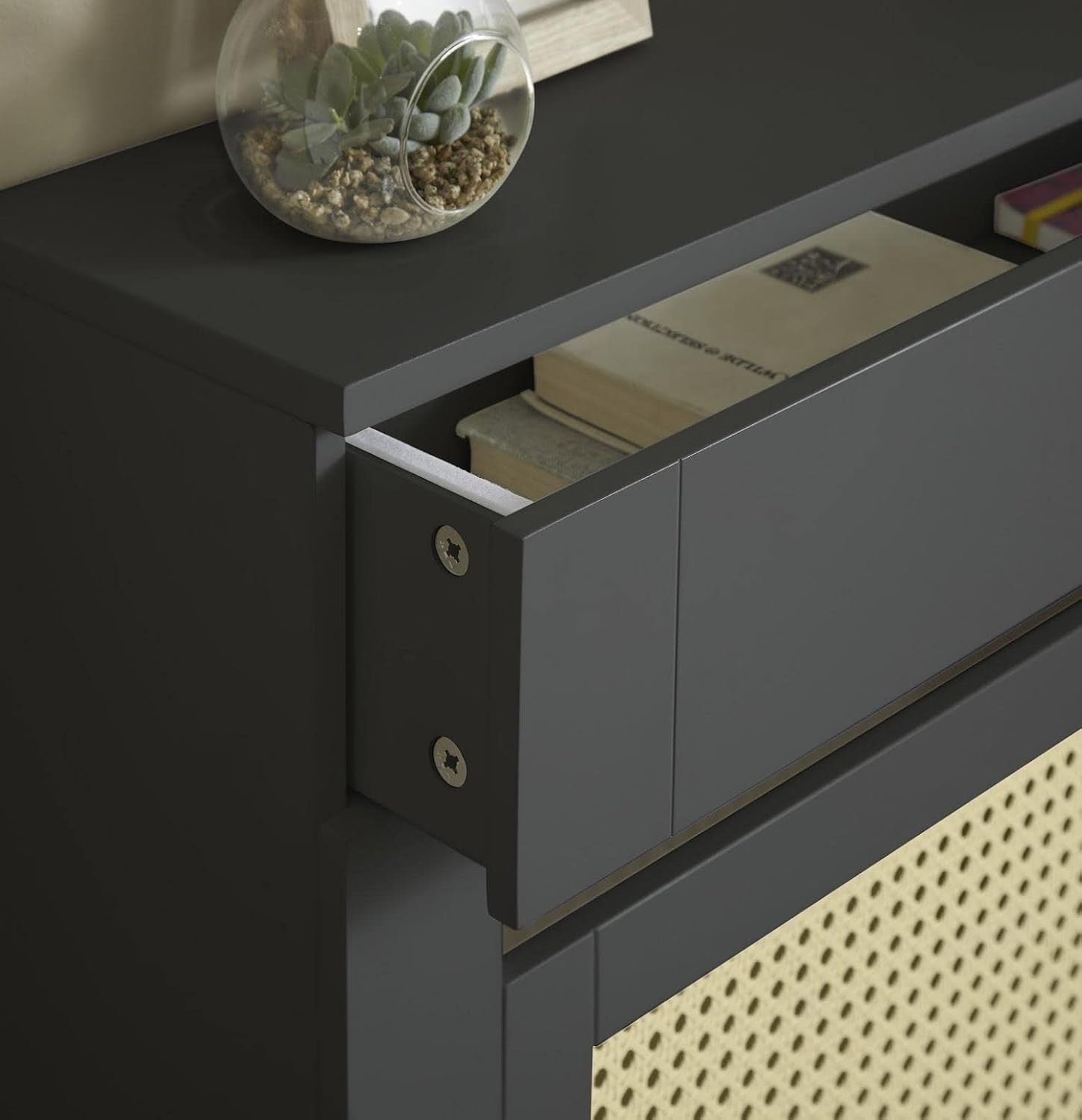 Black Radiator Cover Cabinet with Rattan Panels Storage Shelf & Drawers