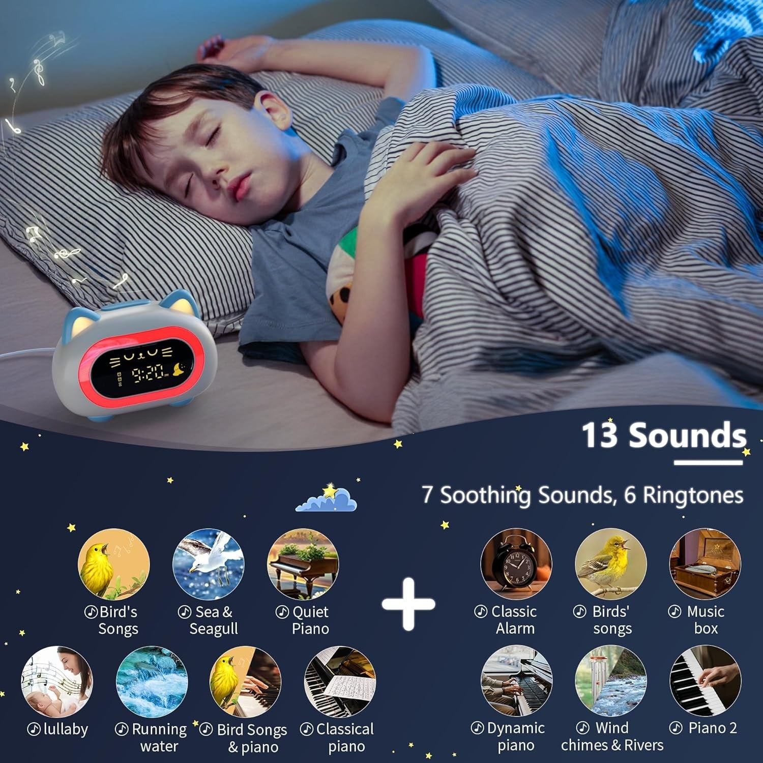 Kids Sleep Training Alarm Clock Dual Alarm Colour Night Light Snooze Timer