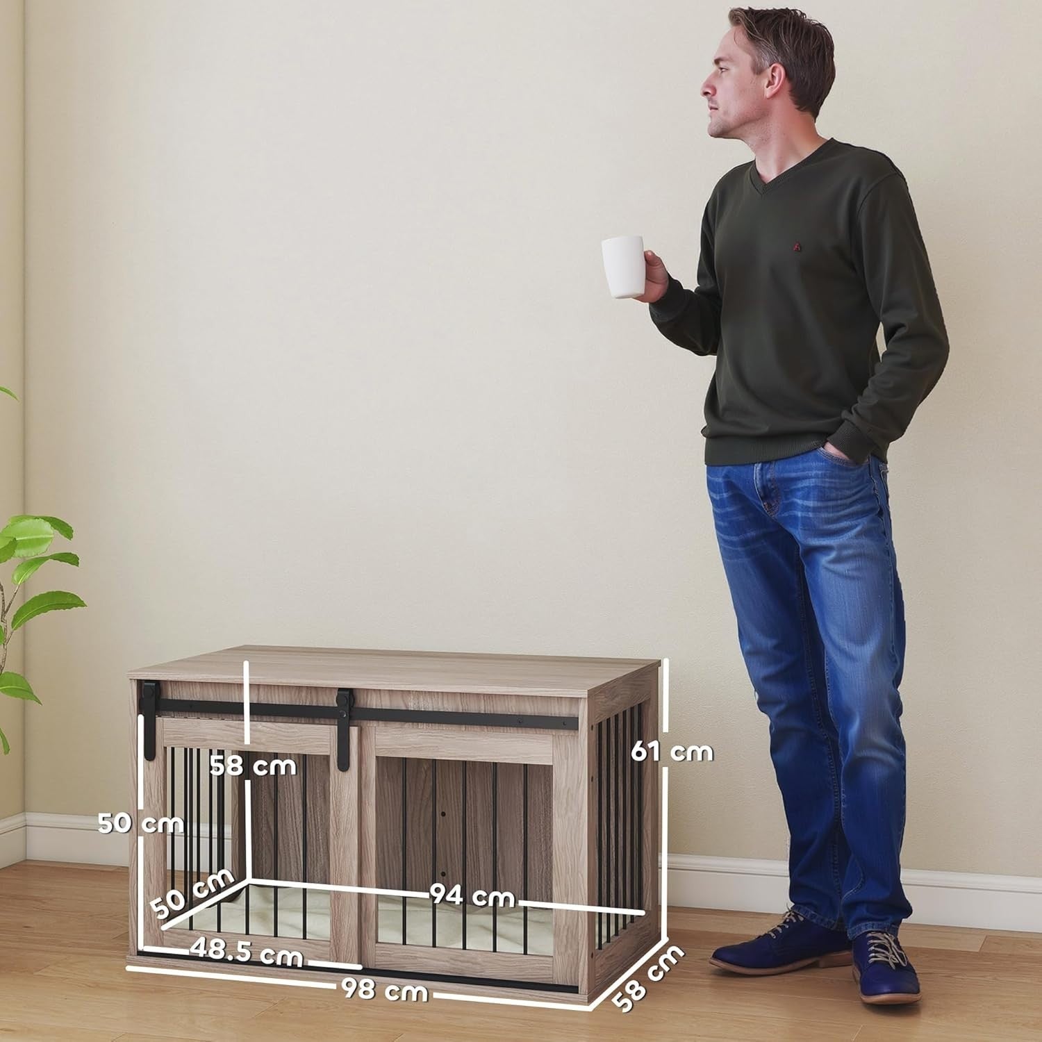 Large Indoor Dog Crate Furniture with Sliding Barn Door & Washable Cushion
