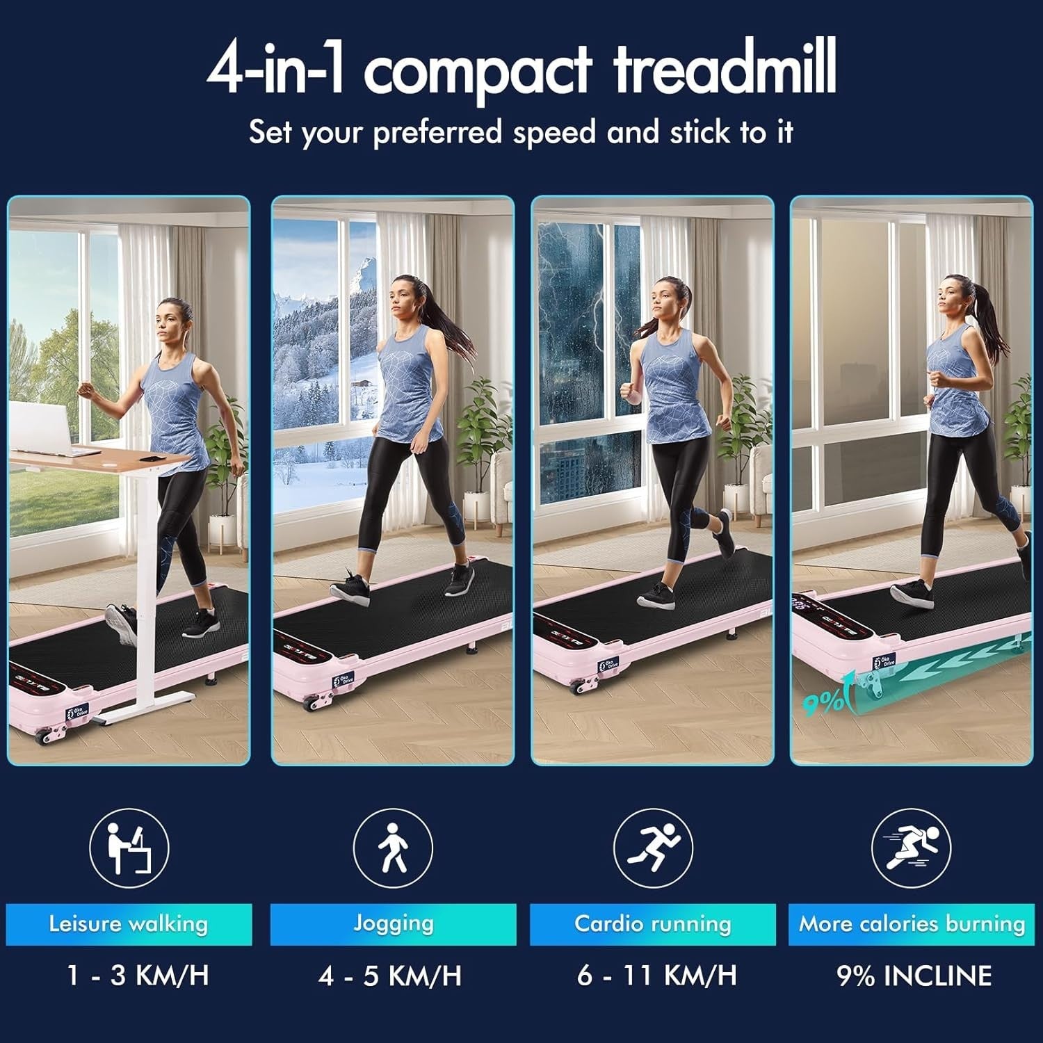 Under Desk Walking Pad Treadmill 9% Incline 11KM/H Home Fitness
