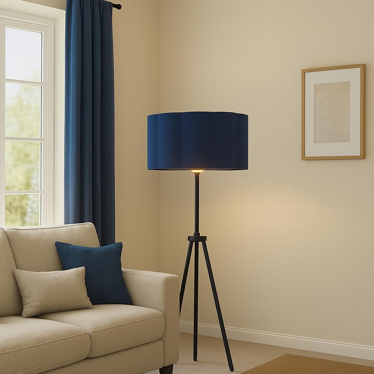 Navy Blue Scalloped Drum Lampshade 48cm Large Ceiling Pendant Light