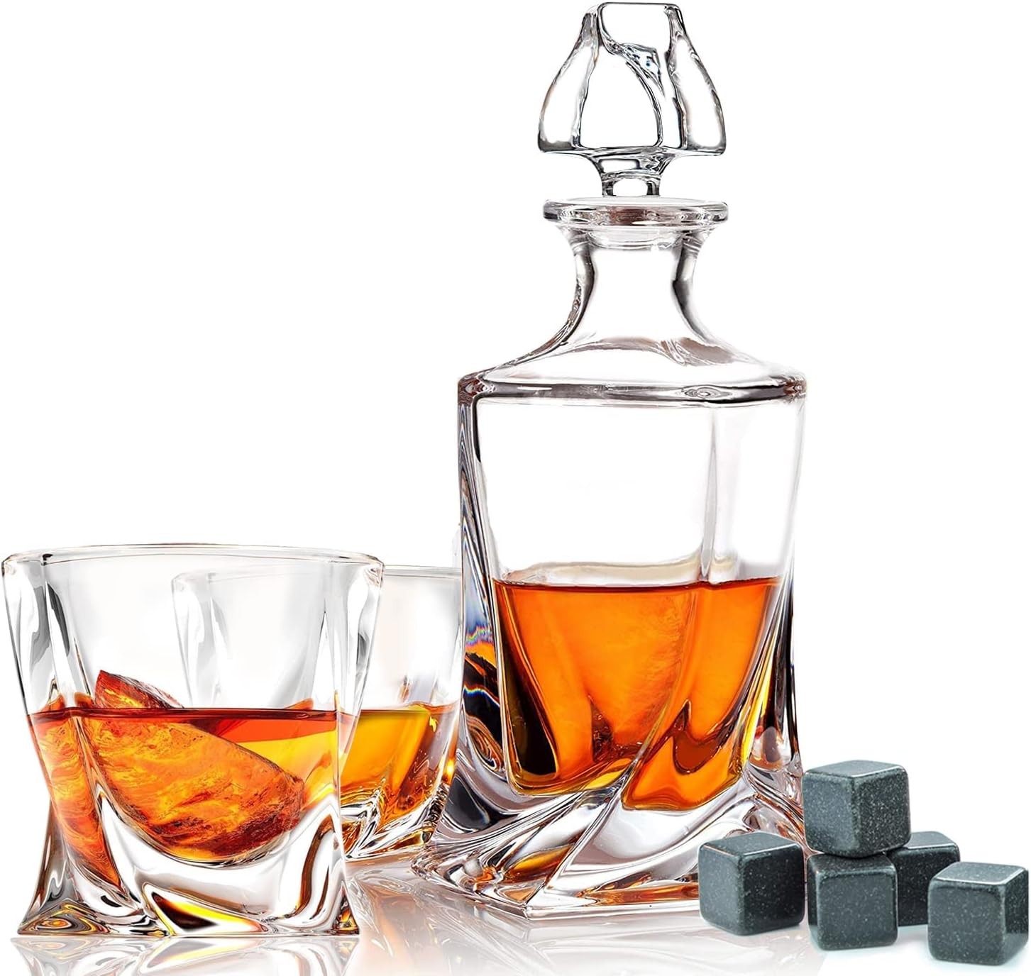 750ml Whiskey Decanter Set Twist Design with 2 Glasses & Stones Luxury Gift Men
