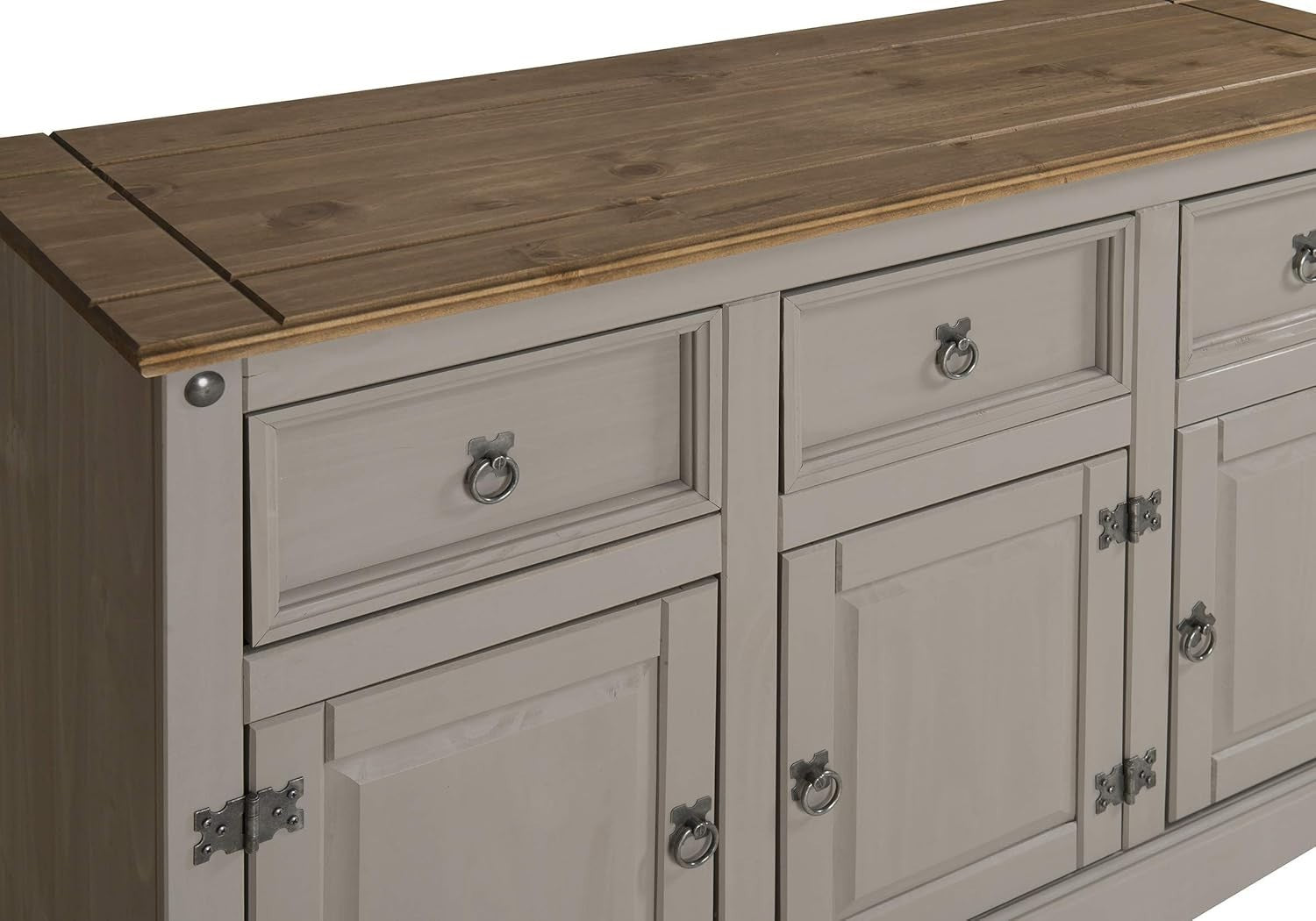 Grey Solid Pine Sideboard 3 Door 3 Drawer Cabinet Rustic Wax Finish