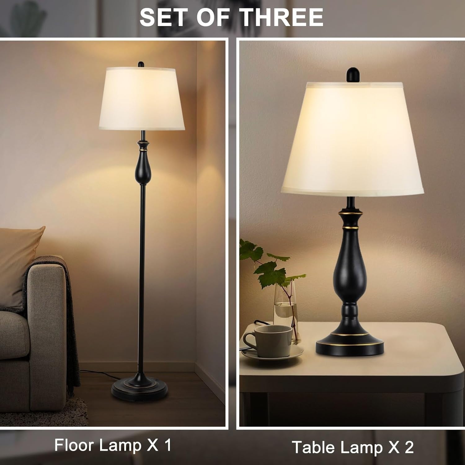 3-Piece Floor & Table Lamp Set with White Linen Shade, E27 Bulbs Included