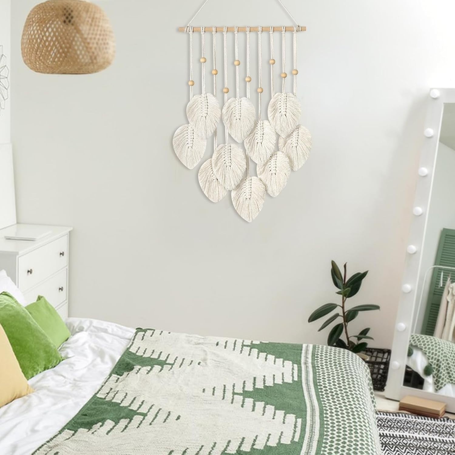Green Boho Macrame Wall Hanging Handmade Leaves Tapestry 15.8x26.8"