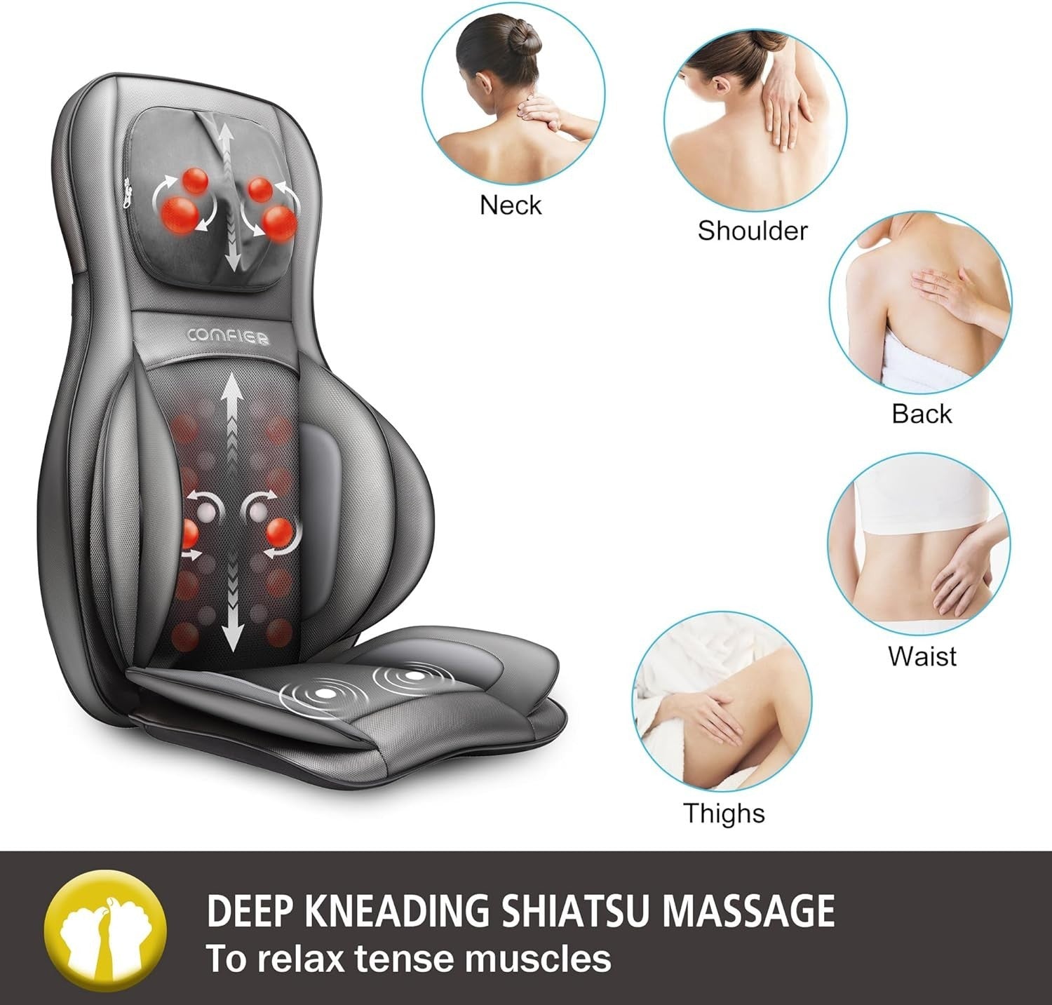 Shiatsu Back Massager with Heat Deep Tissue Kneading Full Back Chair Cushion