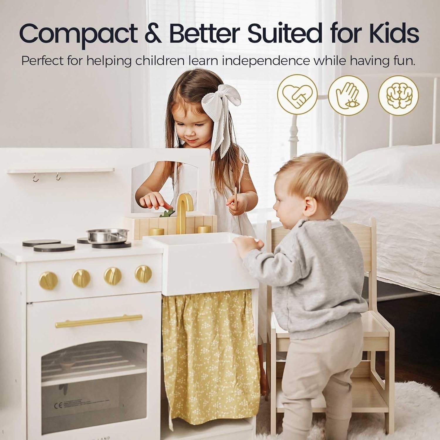 Wooden Kids Play Kitchen White w/ Cutting Food Accessories Set