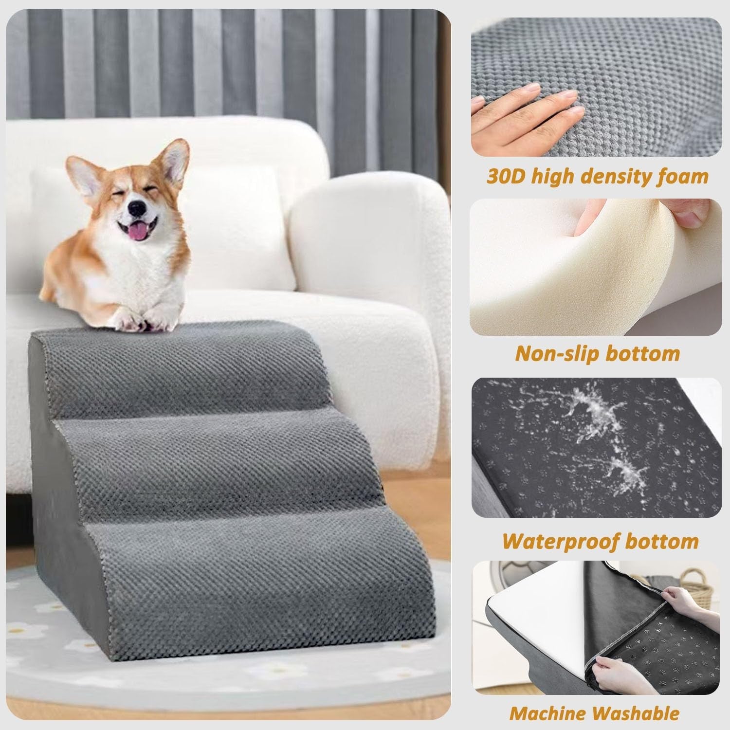 3 Step Dog Stairs for Bed Non Slip Pet Ramp 56x40x35cm
