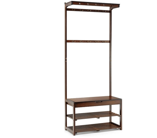 3-in-1 Bamboo Coat Rack Stand with Shoe Storage & Hooks for Entryway