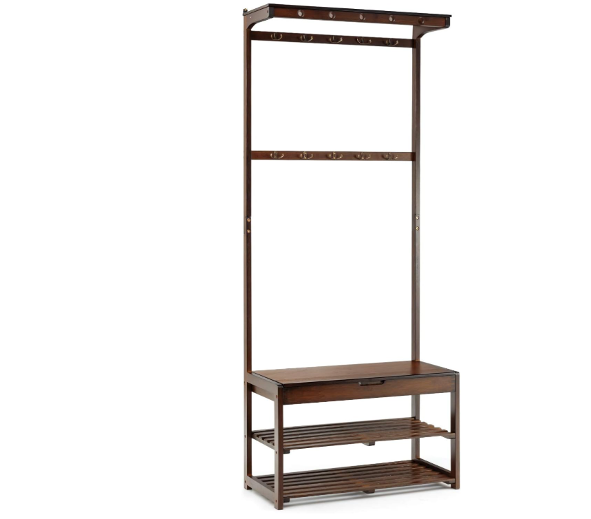 3-in-1 Bamboo Coat Rack Stand with Shoe Storage & Hooks for Entryway
