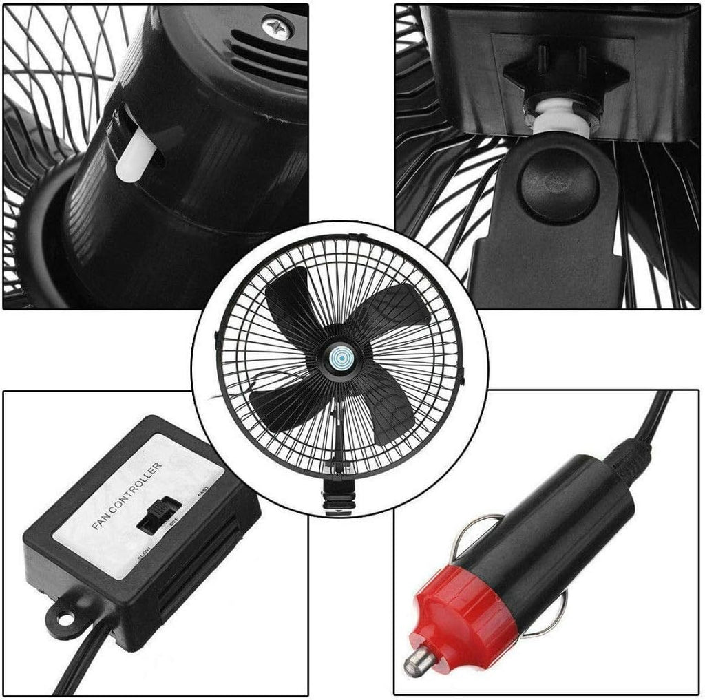 10in 12V Electric Air Fan – Dual Speed Clip-On 180° Rotating Cooling Desk Fan