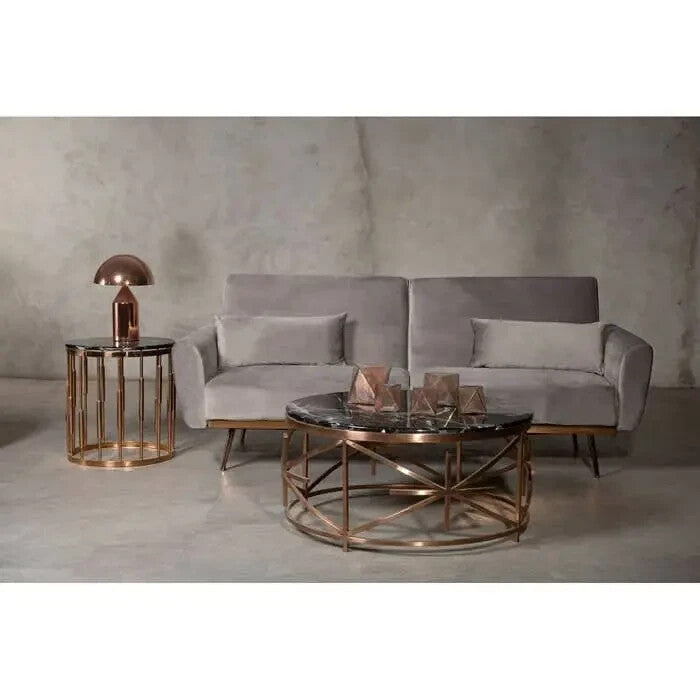 Grey Velvet 3-Seater Sofa Bed with Rose Gold Legs – Modern Pull Out Couch