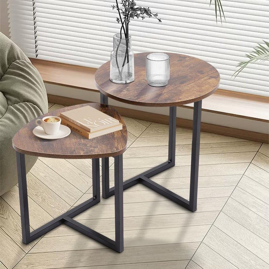Nesting Coffee Table Set 2 Brown Round Square Side End Sofa Accent Wood Metal