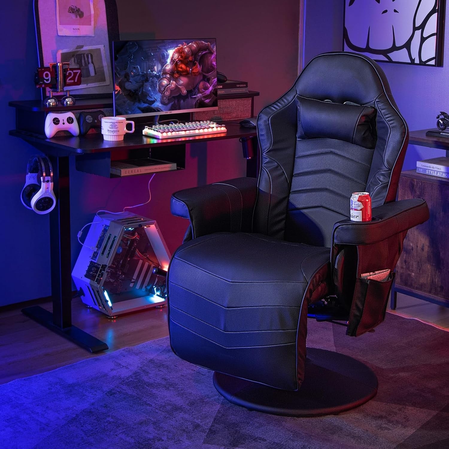 Massage Gaming Chair Recliner w/ Footrest & Cup Holder Black