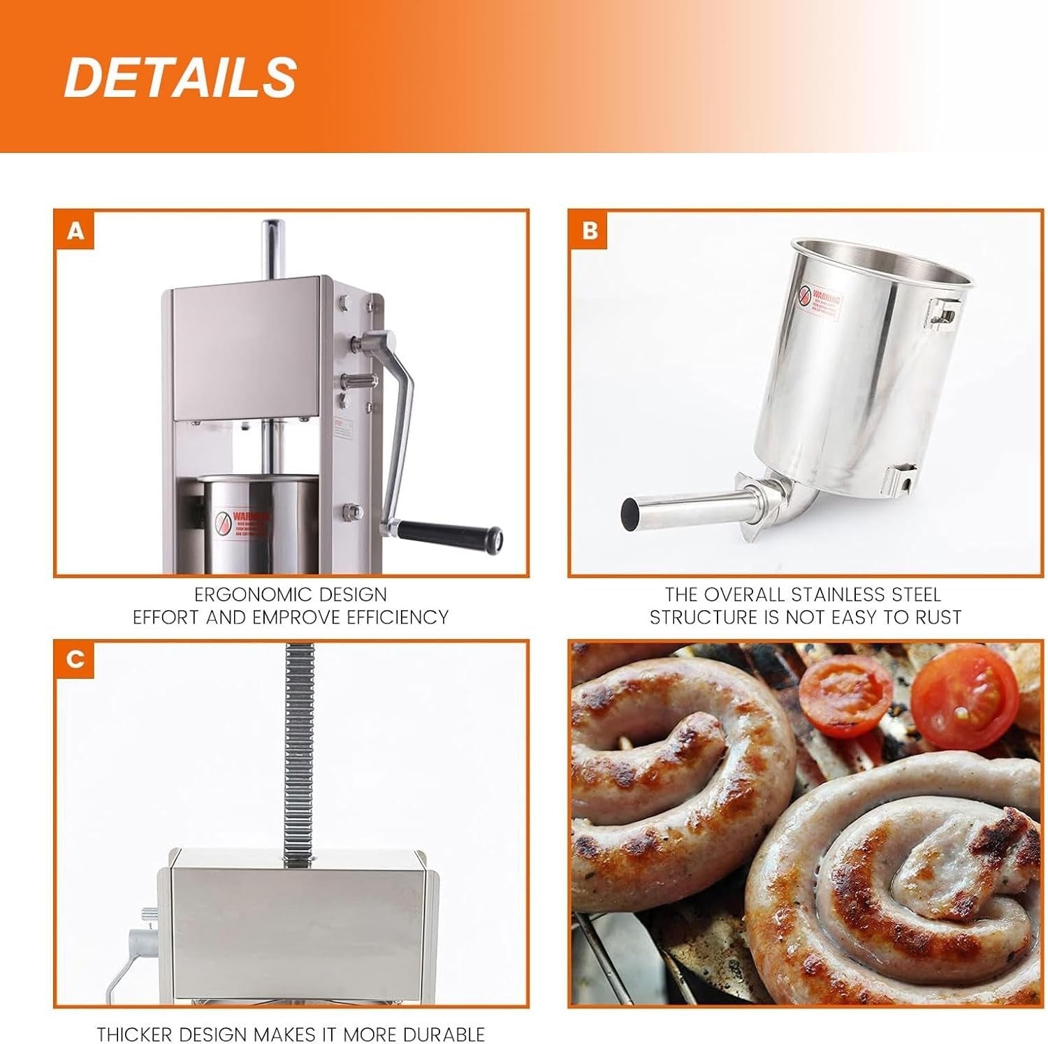 3L Sausage Stuffer Manual Stainless Steel Vertical Maker 4 Nozzles